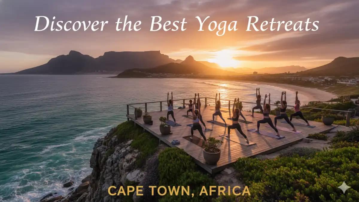 Discover the Best Yoga Retreats in Cape Town, South Africa 41 A group of people practicing yoga in warrior pose on a wooden deck overlooking the ocean at sunset in Cape Town, South Africa, with mountains in the background