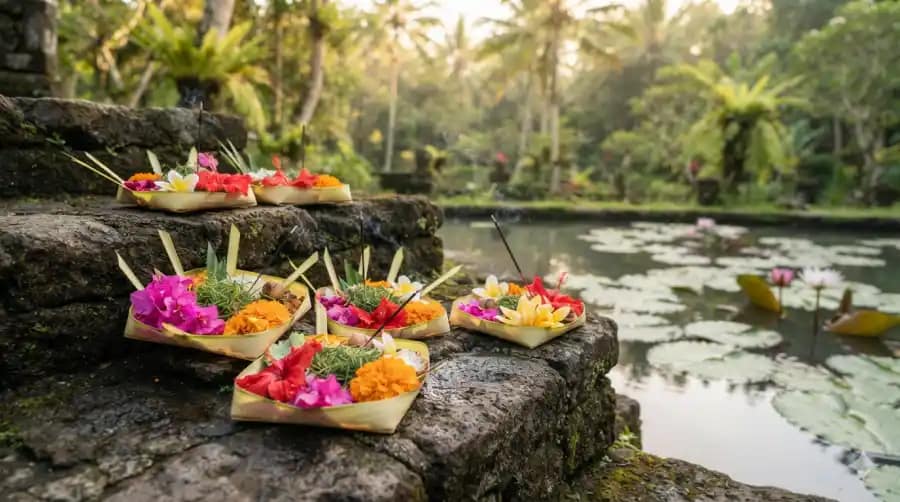 Holistic Wellness Retreat in Bali: Ultimate Guide 2 Colorful Balinese flower offerings arranged on mossy stone steps beside a lotus-covered pond in a tropical garden.