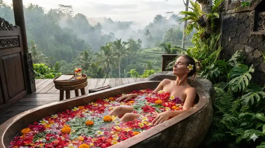 Holistic Wellness Retreat in Bali: Ultimate Guide 3 Woman relaxing in a flower-filled outdoor soaking tub overlooking misty tropical forest and terraced rice fields.